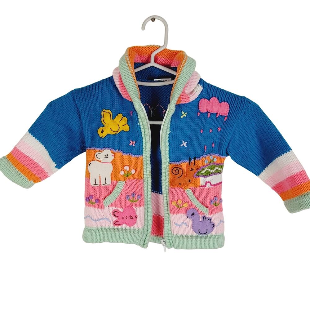 LiRo Apparel girls alpaca blue animal knit hooded full zip sweater size 4T